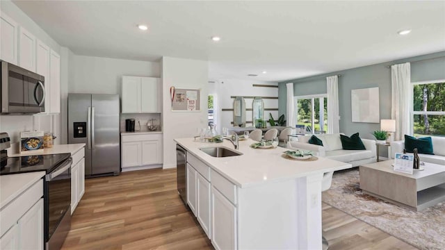 8647 SW 44th Ter, Ocala, FL 34476 - kitchen with stainless steel appliances, a sink, open floor plan, light wood-style floors, and light countertops