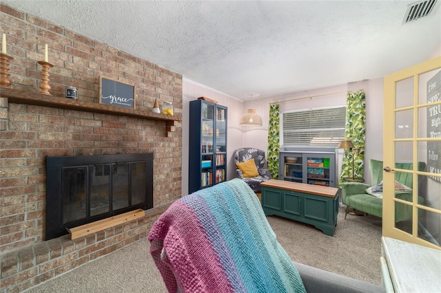 6060 SE 119th Pl, Belleview, FL 34420 - living area featuring carpet, a brick fireplace, and a textured ceiling