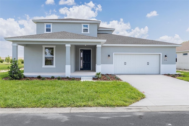 7536 SW 60th St, Ocala, FL 34476 - view of front facade with a garage, covered porch, stucco siding, a front yard, and driveway
