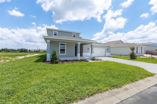 7536 SW 60th St, Ocala, FL 34476 - view of front of home with concrete driveway, stucco siding, a porch, an attached garage, and a front lawn