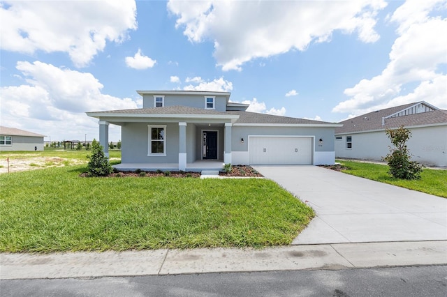 7536 SW 60th St, Ocala, FL 34476 - prairie-style house with stucco siding, covered porch, an attached garage, a front yard, and concrete driveway