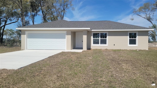 17645 SW 112th Ln, Dunnellon, FL 34432 - ranch-style house featuring stucco siding, concrete driveway, a garage, a front yard, and roof with shingles