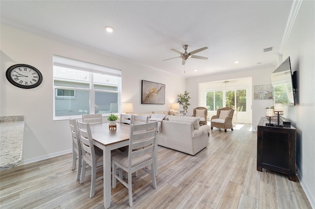 9309 SW 106th Ave, Ocala, FL 34481 - dining area featuring a ceiling fan, light wood finished floors, ornamental molding, baseboards, and recessed lighting