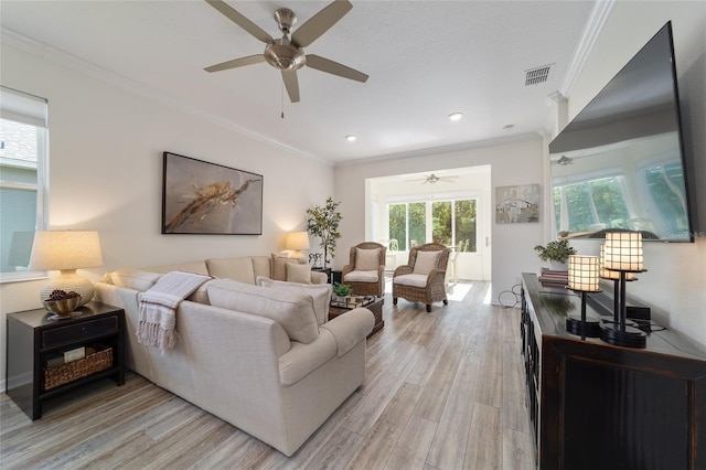 9309 SW 106th Ave, Ocala, FL 34481 - living area with a ceiling fan, ornamental molding, light wood finished floors, and recessed lighting