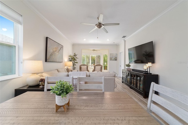 9309 SW 106th Ave, Ocala, FL 34481 - dining area with ceiling fan, crown molding, and wood finished floors