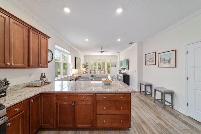 9309 SW 106th Ave, Ocala, FL 34481 - kitchen featuring a peninsula, open floor plan, crown molding, light stone countertops, and light wood finished floors