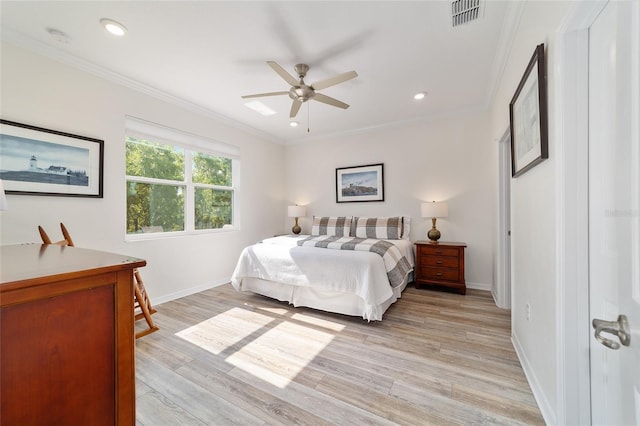 9309 SW 106th Ave, Ocala, FL 34481 - bedroom with light wood-style flooring, baseboards, ornamental molding, recessed lighting, and ceiling fan