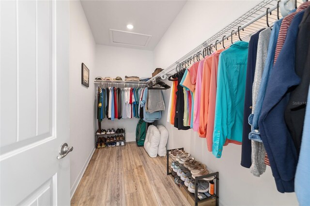 9309 SW 106th Ave, Ocala, FL 34481 - walk in closet featuring wood finished floors and attic access