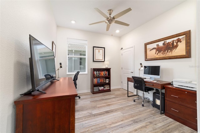 9309 SW 106th Ave, Ocala, FL 34481 - office area featuring light wood finished floors, a ceiling fan, recessed lighting, and baseboards