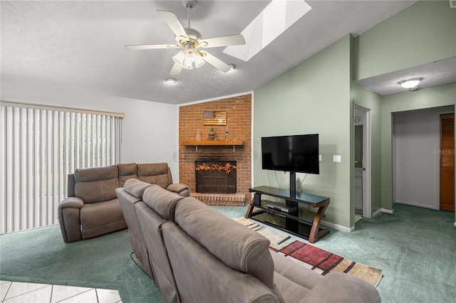 2521 NW 45th Pl, Ocala, FL 34475 - carpeted living area with vaulted ceiling, ceiling fan, a textured ceiling, a fireplace, and baseboards