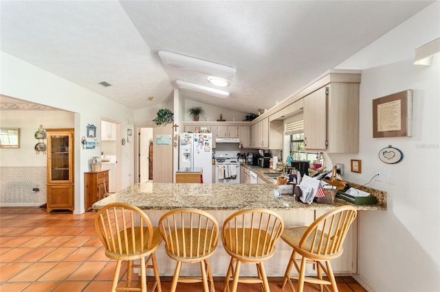 kitchen with white appliances, a peninsula, lofted ceiling, under cabinet range hood, and a sink