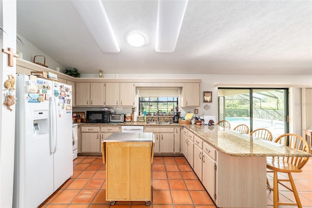 kitchen with white appliances, a sink, a peninsula, and healthy amount of natural light