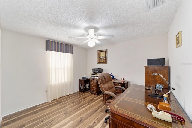 2608 Casso Ct, The Villages, FL 32162 - home office featuring ceiling fan, light wood finished floors, a textured ceiling, and baseboards