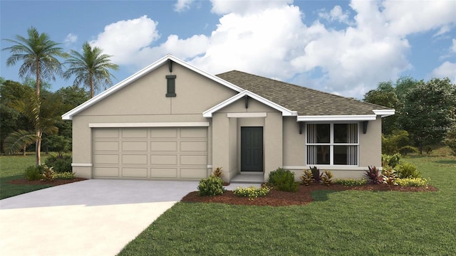7085 SE 113th Ln, Belleview, FL 34420 - single story home with concrete driveway, a front yard, a shingled roof, a garage, and stucco siding