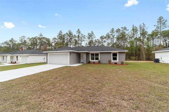 single story home with an attached garage, driveway, central air condition unit, a front lawn, and stucco siding