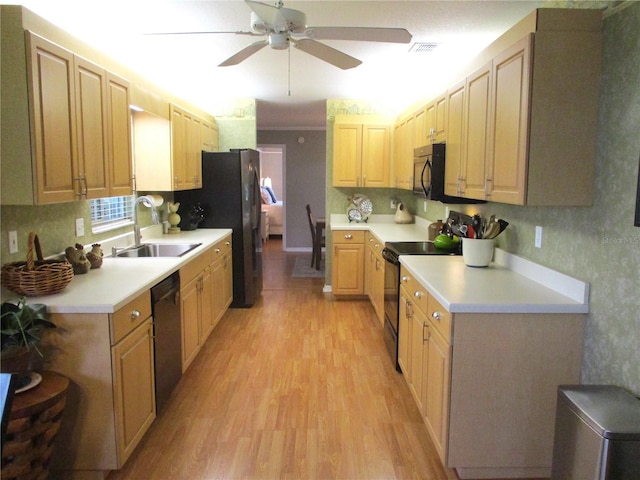 13762 SW 112th Ter, Dunnellon, FL 34432 - kitchen with black appliances, a sink, a ceiling fan, light wood-style flooring, and light countertops