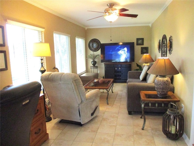 13762 SW 112th Ter, Dunnellon, FL 34432 - living room with ceiling fan, light tile patterned floors, and ornamental molding