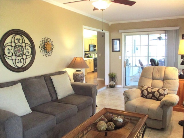 13762 SW 112th Ter, Dunnellon, FL 34432 - living room featuring a ceiling fan, light tile patterned floors, crown molding, and baseboards