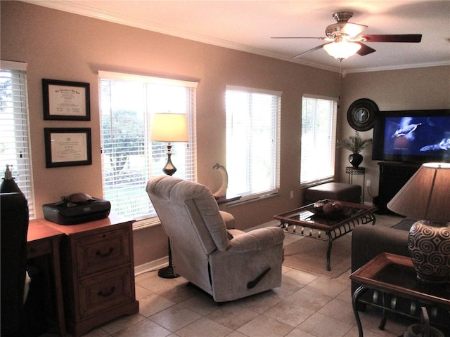 13762 SW 112th Ter, Dunnellon, FL 34432 - living area with light tile patterned flooring, a ceiling fan, ornamental molding, and baseboards