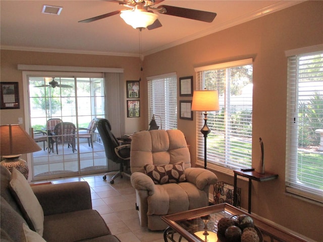 13762 SW 112th Ter, Dunnellon, FL 34432 - living area with ceiling fan, tile patterned floors, and ornamental molding
