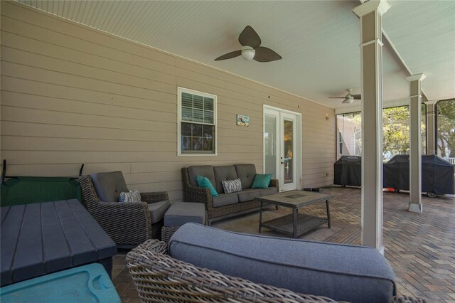 9709 E Baymeadows Dr, Inverness, FL 34450 - view of patio / terrace featuring an outdoor hangout area, ceiling fan, a grill, and a deck