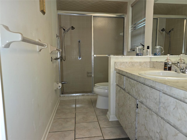 full bathroom featuring a shower stall, tile patterned floors, toilet, vanity, and baseboards