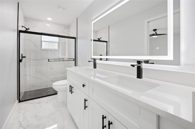 3079 SW 168th Loop, Ocala, FL 34473 - bathroom with marble tiled floors, double vanity, a marble finish shower, and recessed lighting
