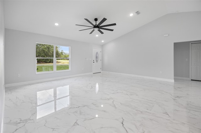 3079 SW 168th Loop, Ocala, FL 34473 - unfurnished living room featuring light marble finish flooring, recessed lighting, lofted ceiling, and ceiling fan