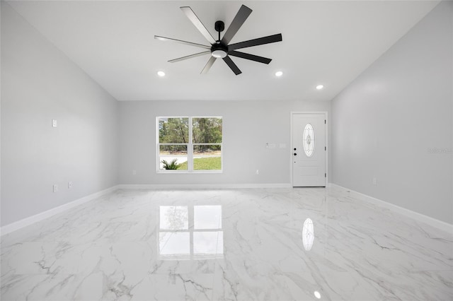 3079 SW 168th Loop, Ocala, FL 34473 - foyer entrance featuring light marble finish flooring, ceiling fan, recessed lighting, and lofted ceiling