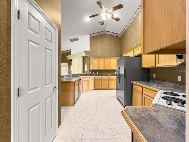 28 Golf View Dr, Ocala, FL 34472 - kitchen featuring ceiling fan, stainless steel appliances, light tile patterned flooring, light brown cabinetry, and high vaulted ceiling