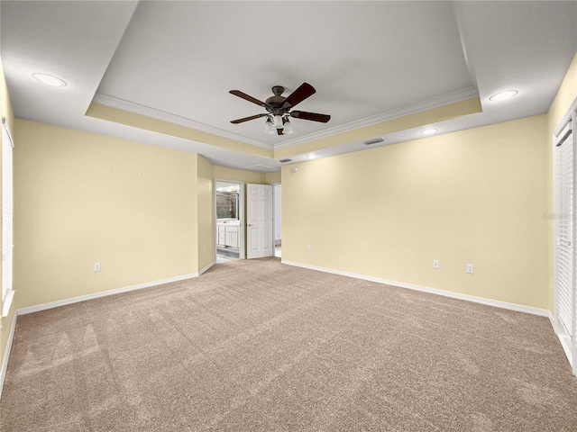 28 Golf View Dr, Ocala, FL 34472 - empty room featuring a tray ceiling, ornamental molding, a ceiling fan, carpet flooring, and recessed lighting