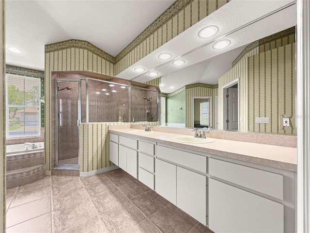 28 Golf View Dr, Ocala, FL 34472 - bathroom featuring wallpapered walls, a shower stall, double vanity, a garden tub, and vaulted ceiling
