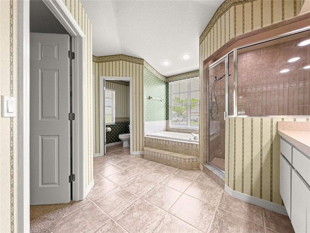 28 Golf View Dr, Ocala, FL 34472 - bathroom featuring wallpapered walls, a stall shower, a bath, toilet, and tile patterned floors