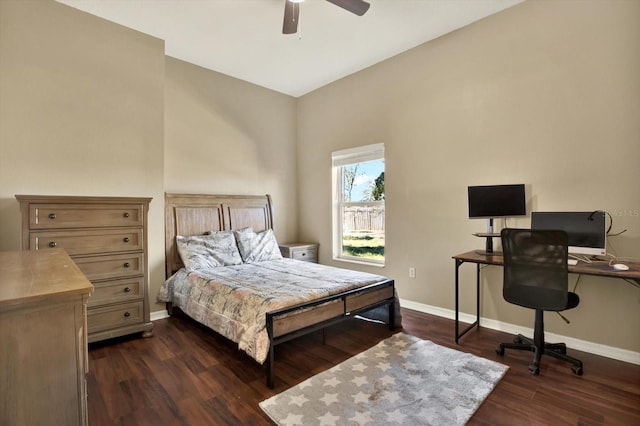 bedroom with baseboards, a desk, dark wood finished floors, and ceiling fan