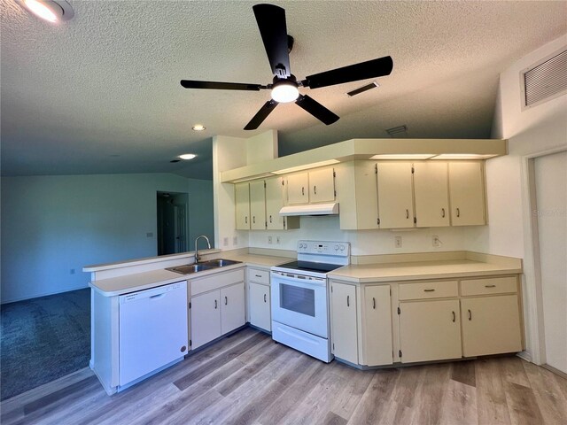8239 SW 108th St, Ocala, FL 34481 - kitchen featuring white appliances, a sink, lofted ceiling, under cabinet range hood, and a textured ceiling