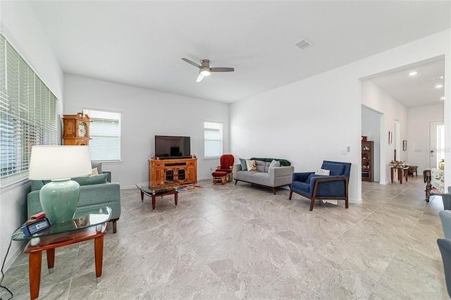 6046 SW 86th Cir, Ocala, FL 34481 - living area featuring a ceiling fan, plenty of natural light, recessed lighting, and baseboards