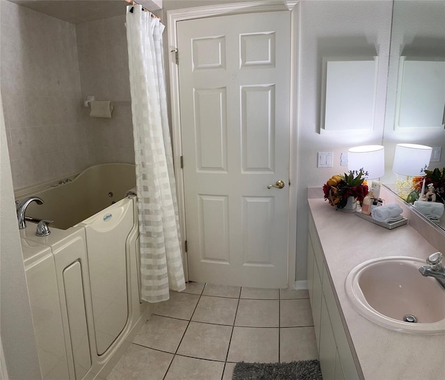bathroom with tile patterned floors, a bath, a shower with shower curtain, and vanity