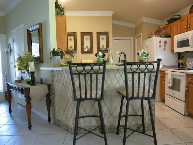 1799 W Shanelle Path, Lecanto, FL 34461 - kitchen featuring white appliances, brown cabinets, crown molding, light tile patterned flooring, and light countertops