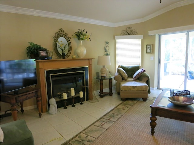 1799 W Shanelle Path, Lecanto, FL 34461 - tiled living area with crown molding, a glass covered fireplace, and baseboards