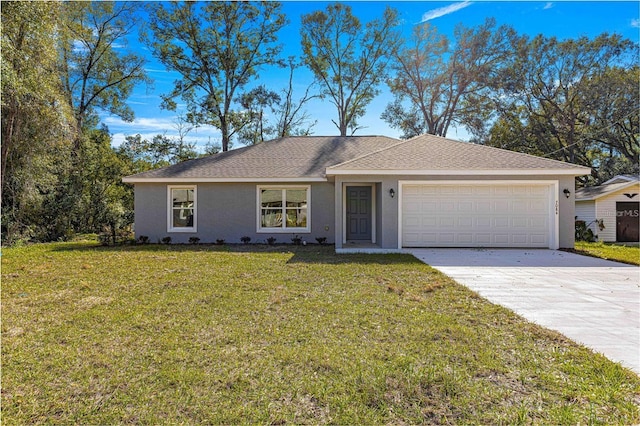 ranch-style home featuring a garage, stucco siding, driveway, and a front lawn