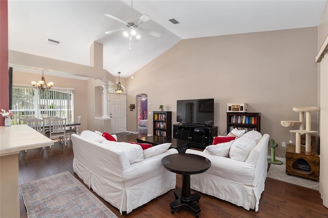 8053 SW 62nd Ave, Ocala, FL 34476 - living area with dark wood-type flooring, a ceiling fan, a chandelier, high vaulted ceiling, and arched walkways