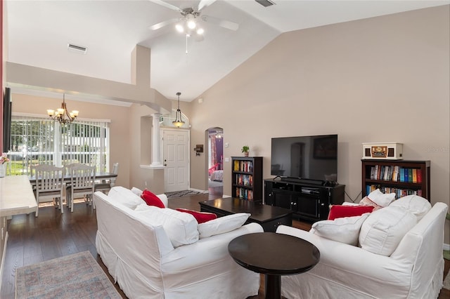 8053 SW 62nd Ave, Ocala, FL 34476 - living area featuring a chandelier, lofted ceiling, ceiling fan, dark wood-style flooring, and arched walkways