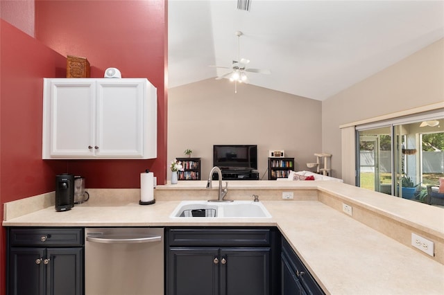 8053 SW 62nd Ave, Ocala, FL 34476 - kitchen featuring dishwasher, a sink, light countertops, a ceiling fan, and vaulted ceiling