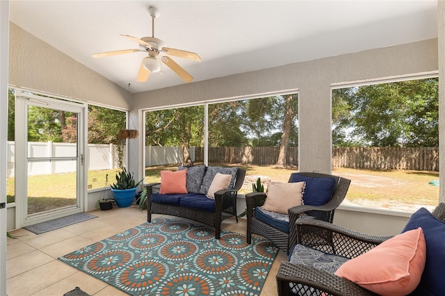 8053 SW 62nd Ave, Ocala, FL 34476 - sunroom / solarium featuring a ceiling fan, lofted ceiling, outdoor lounge area, and plenty of natural light