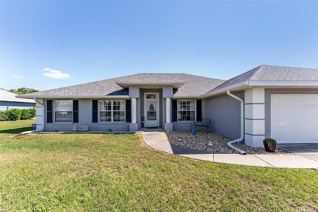 5920 SW 88th Pl, Ocala, FL 34476 - single story home with stucco siding, an attached garage, a front yard, and roof with shingles