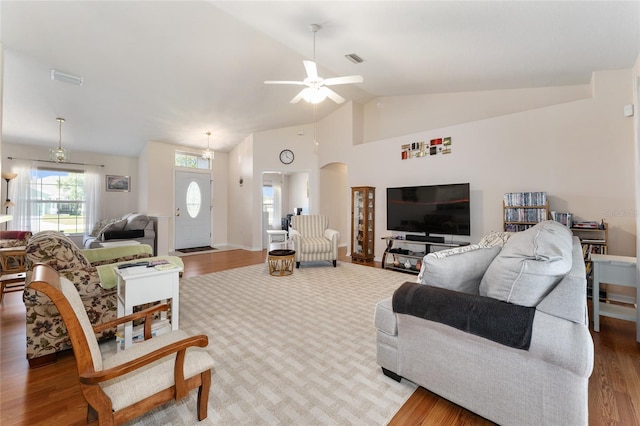 5920 SW 88th Pl, Ocala, FL 34476 - living room with ceiling fan, lofted ceiling, and wood finished floors