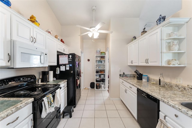 5920 SW 88th Pl, Ocala, FL 34476 - kitchen with black appliances, a ceiling fan, white cabinets, and open shelves