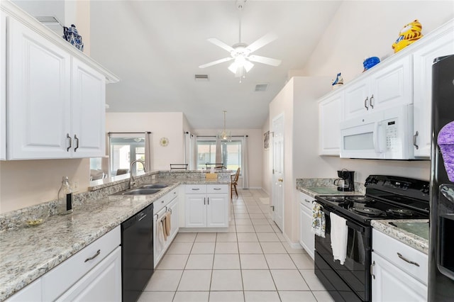 5920 SW 88th Pl, Ocala, FL 34476 - kitchen with black appliances, a sink, a ceiling fan, light tile patterned flooring, and white cabinets