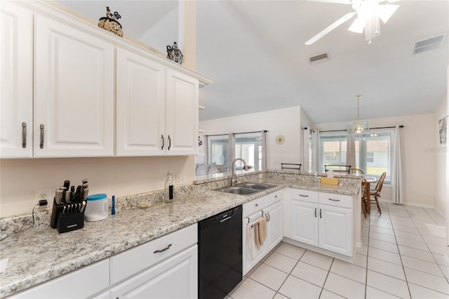 5920 SW 88th Pl, Ocala, FL 34476 - kitchen featuring a sink, black dishwasher, a peninsula, a ceiling fan, and light tile patterned floors