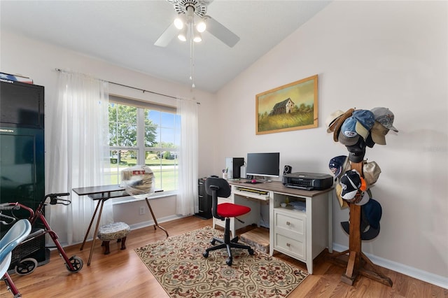 5920 SW 88th Pl, Ocala, FL 34476 - office area featuring vaulted ceiling, ceiling fan, light wood finished floors, and baseboards